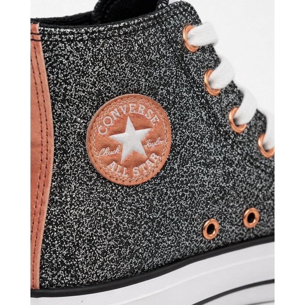 Converse Chuck Taylor All Star Lift Hi Glitter Black Rose Gold Girls Size 5
